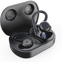 Auriculares deportivos con diseño ergonómico APEKX True inalámbricos Bluetooth 5.0 deportivos, IPX7 sonido estéreo impermeable, micrófono integrado, soporte de carga inalámbrica (negro)