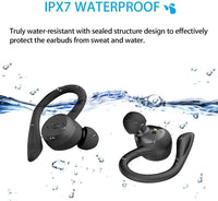 Auriculares deportivos con diseño ergonómico APEKX True inalámbricos Bluetooth 5.0 deportivos, IPX7 sonido estéreo impermeable, micrófono integrado, soporte de carga inalámbrica (negro)