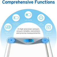 Etekcity Báscula digital de baño con cinta métrica, pantalla LCD grande con retroiluminación azul, medidas de alta precisión, vidrio templado de 0.236 in, 400 libras
