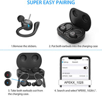 Auriculares deportivos con diseño ergonómico APEKX True inalámbricos Bluetooth 5.0 deportivos, IPX7 sonido estéreo impermeable, micrófono integrado, soporte de carga inalámbrica (negro)