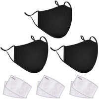 Pack of 3 Fashion Protective Face Covering With 6 Activated Carbon Filters Washable Reusable Breathable Comfortable Elastic Mouth Nose Health Anti-Dust Masque Màsc Bandanas for Adults Teens (Black)
